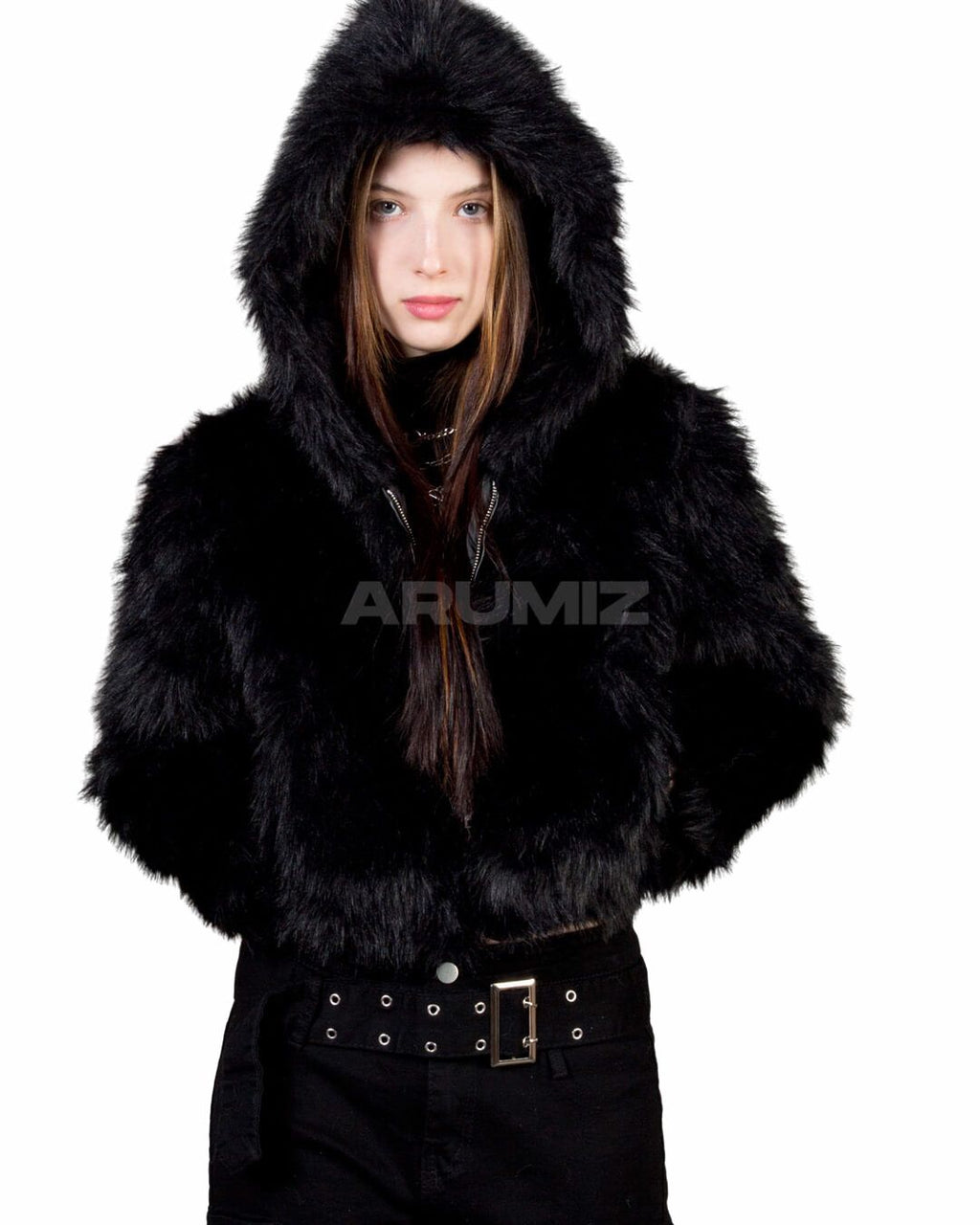 Wolf Faux Fur Hooded Cropped Jacket
