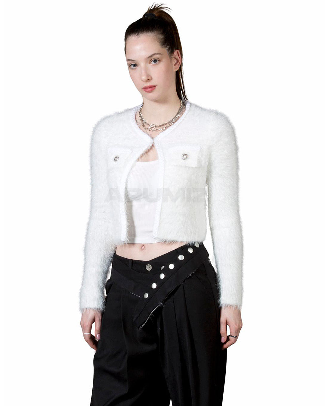 Angora Texture Two-Pocket Cropped Bolero Cardigan