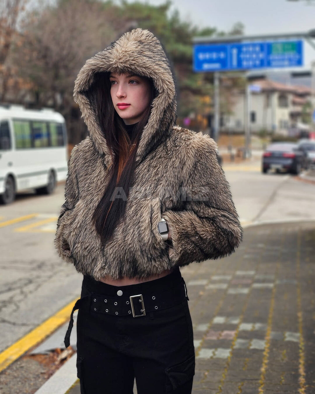 Wolf Faux Fur Hooded Cropped Jacket