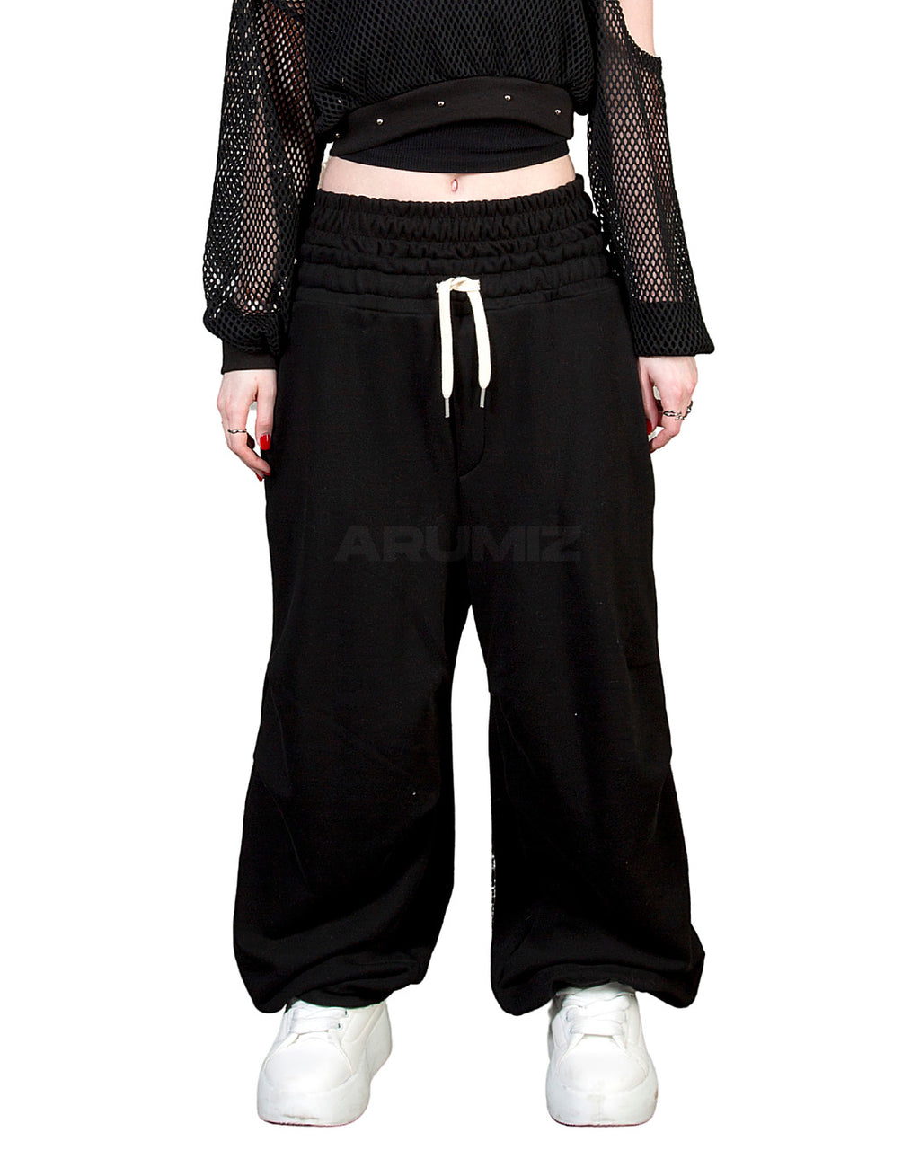 Contrast Drawstring Layered Sagging Wide-Leg Cotton Pants