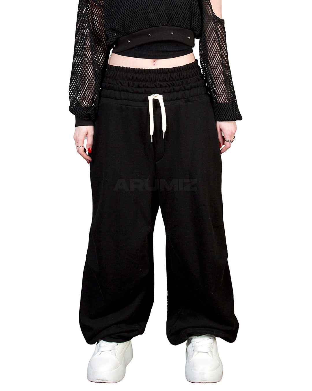 Contrast Drawstring Layered Sagging Wide-Leg Cotton Pants