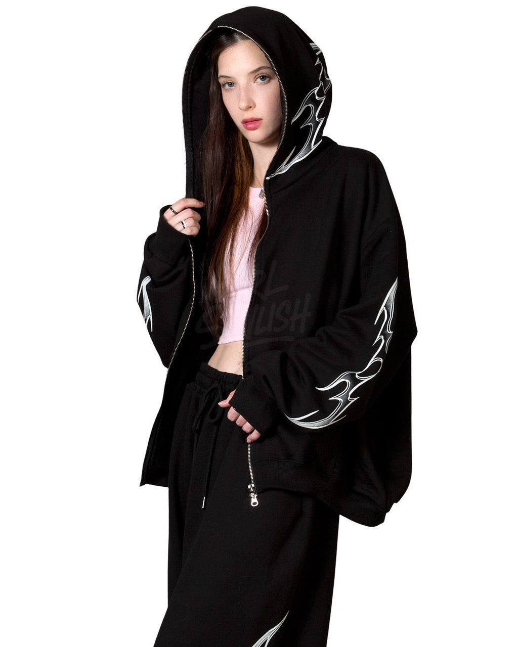Tribal Print Oversized Black Zip-up Hoodie