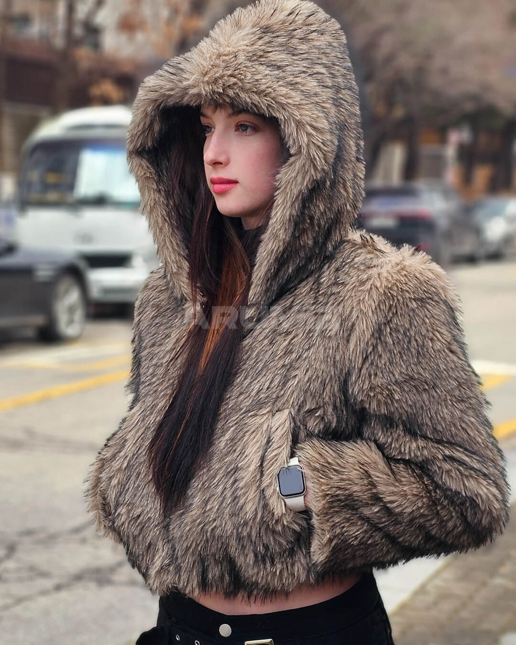 Wolf Faux Fur Hooded Cropped Jacket