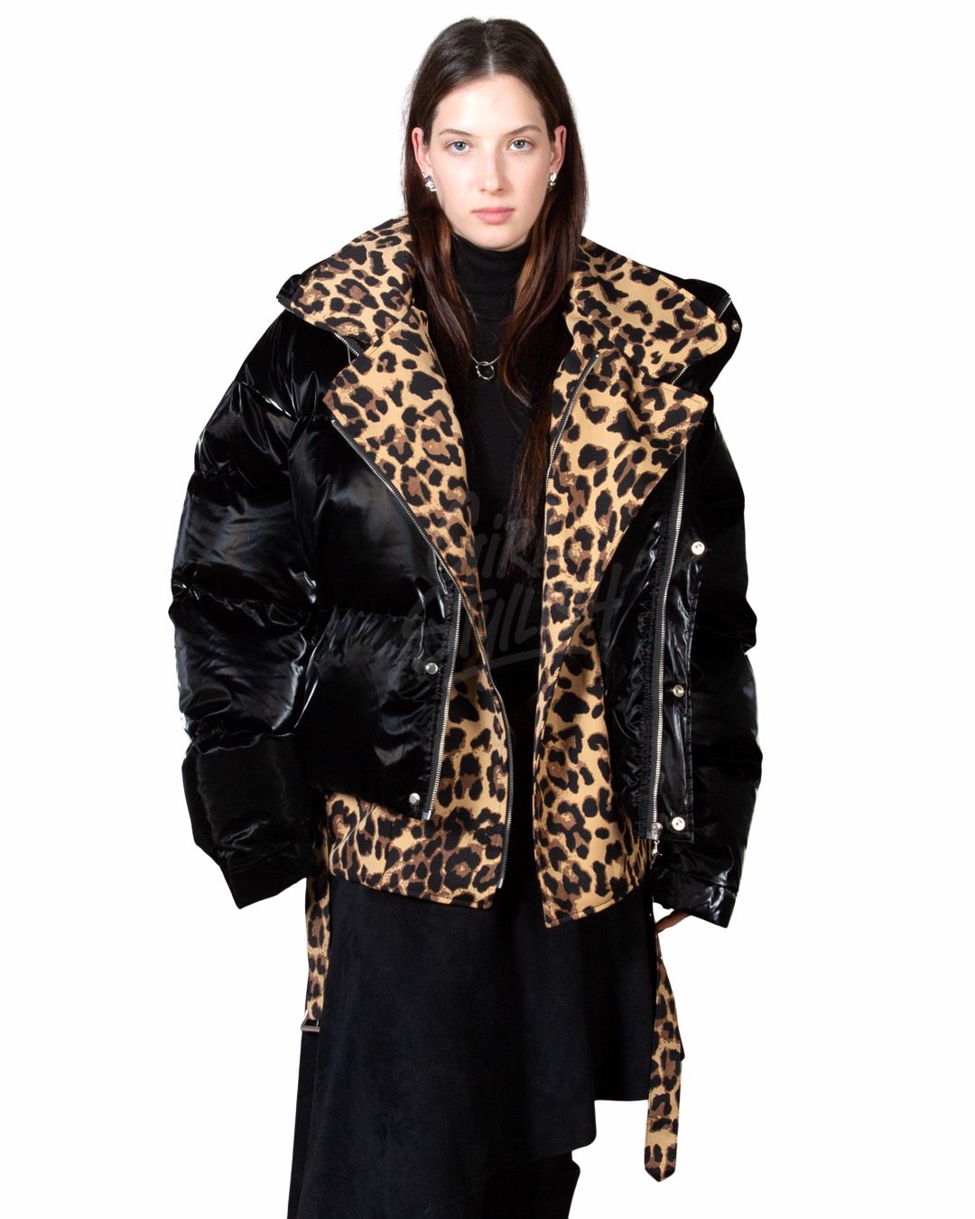 Oversized padded jacket featuring glossy black enamel with an integrated leopard layered detail