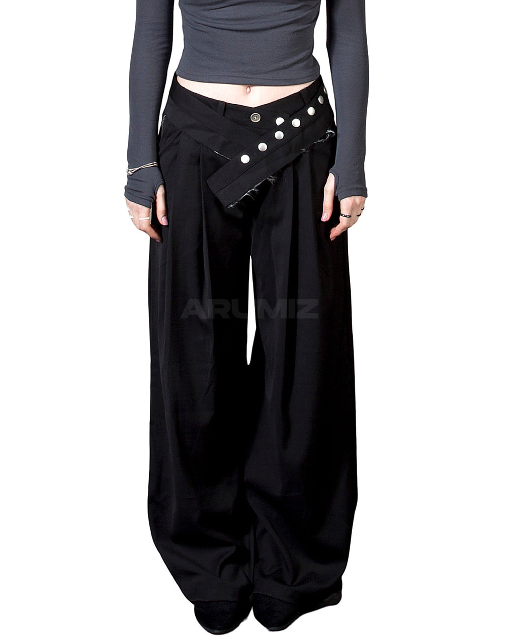 Stud Button Belt Pintuck Wide-Leg Slacks Pants