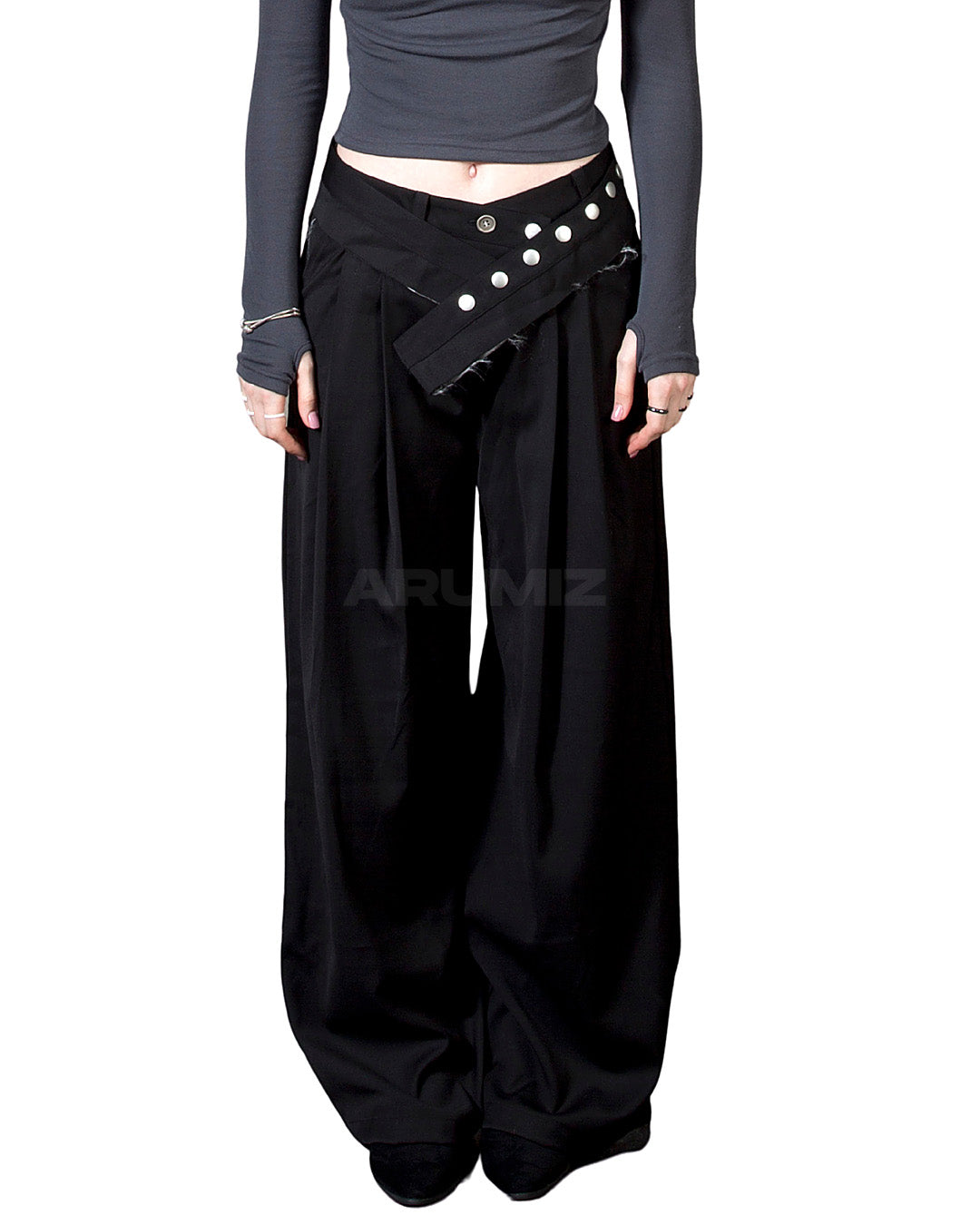Stud Button Belt Pintuck Wide-Leg Slacks Pants