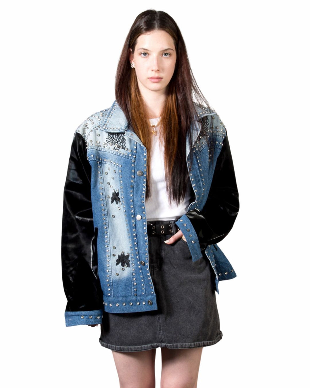Patent Leather-Sleeve Crystal Stud Denim Jacket