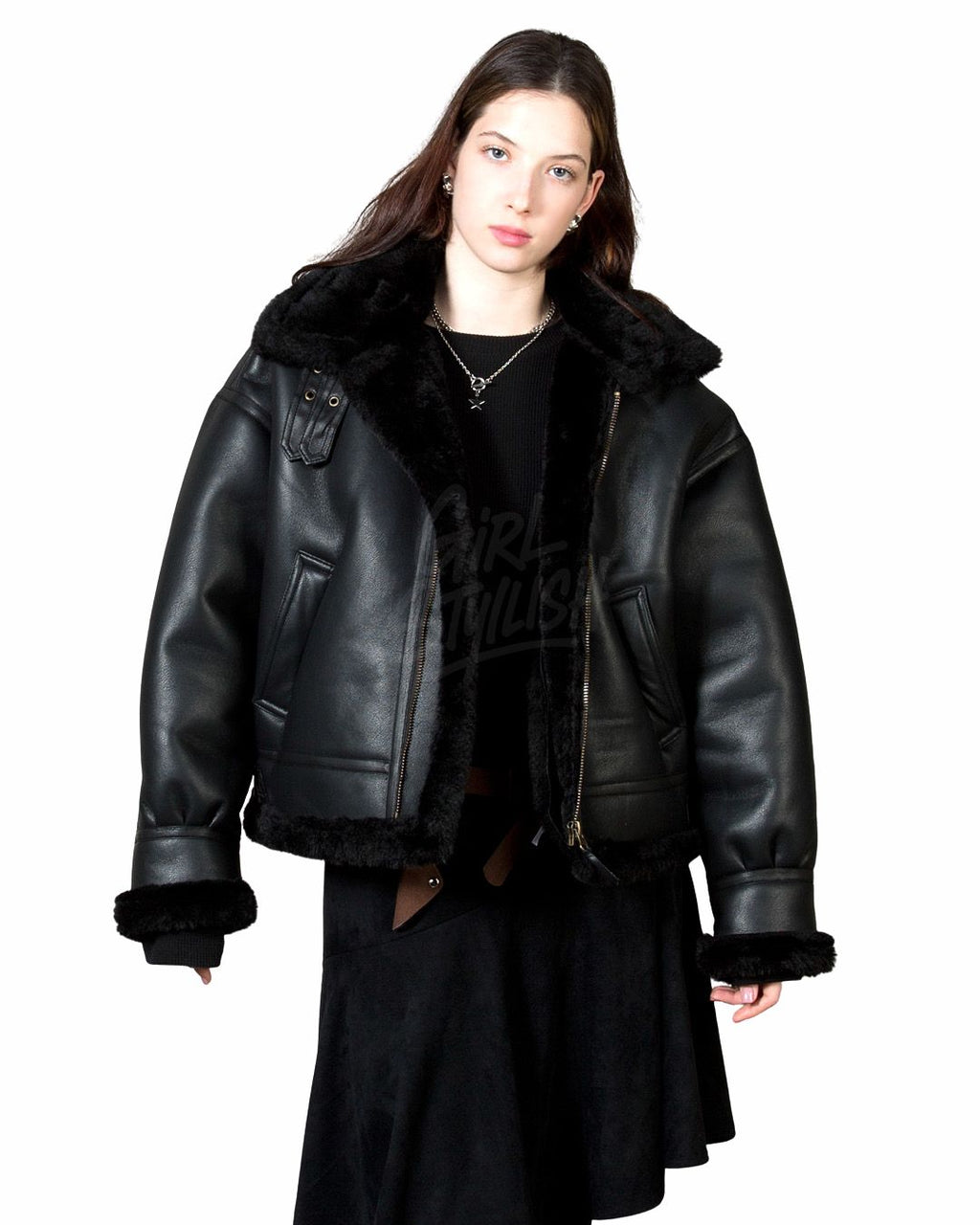Black Oversized Shearling Leather Jacket Winter Outerwear
