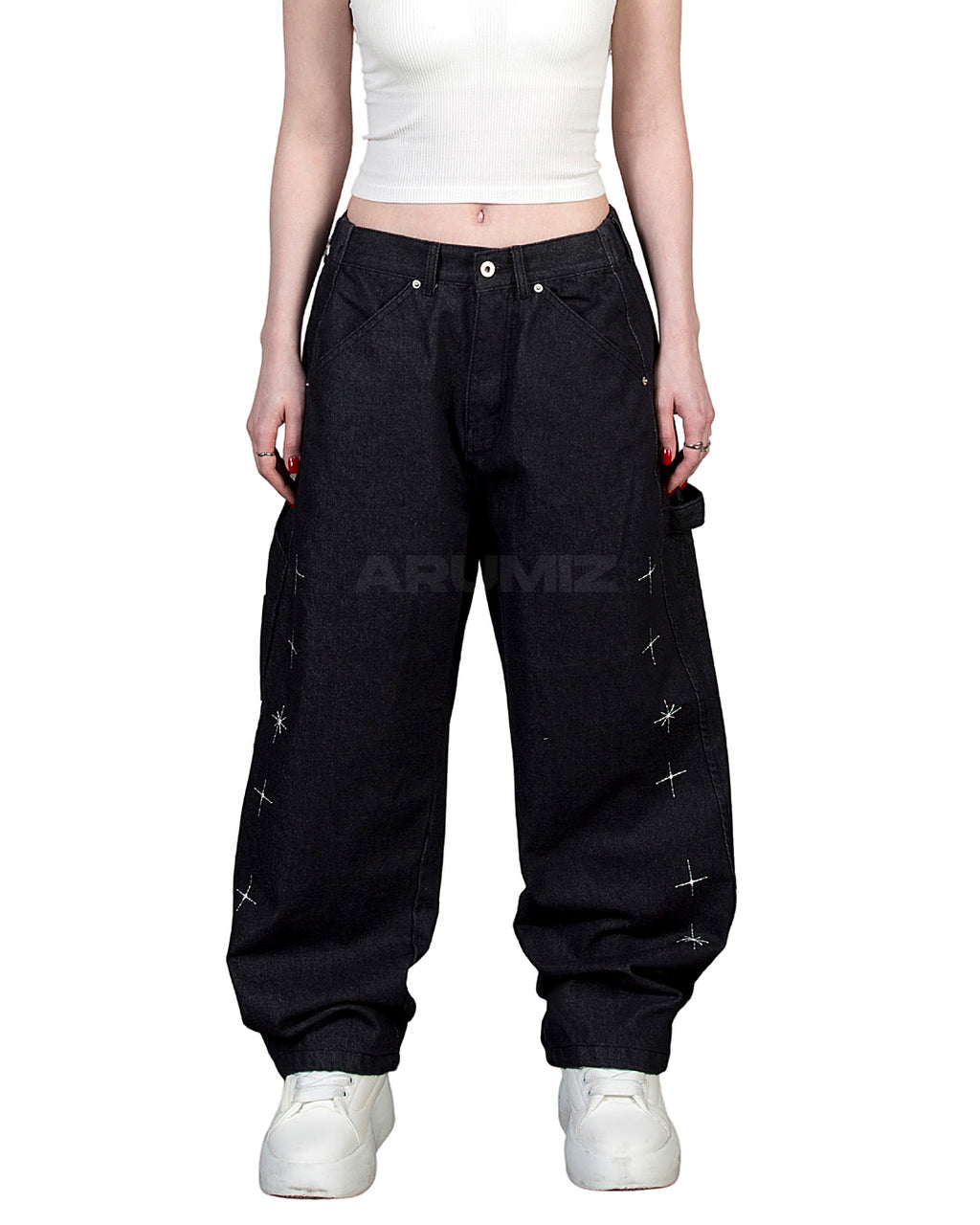 Star Embroidered Carpenter Wide-Leg Cotton Pants
