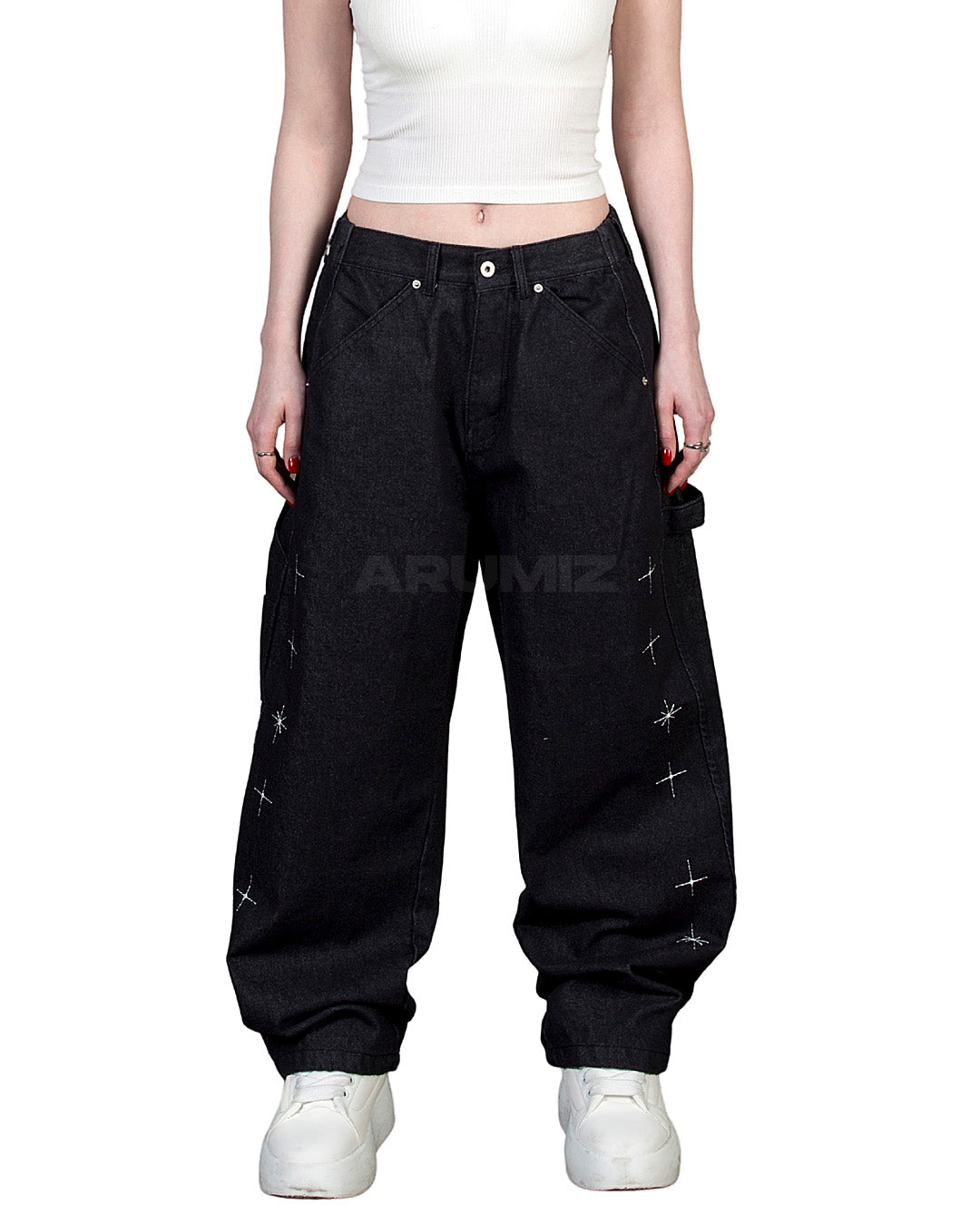 Star Embroidered Carpenter Wide-Leg Cotton Pants