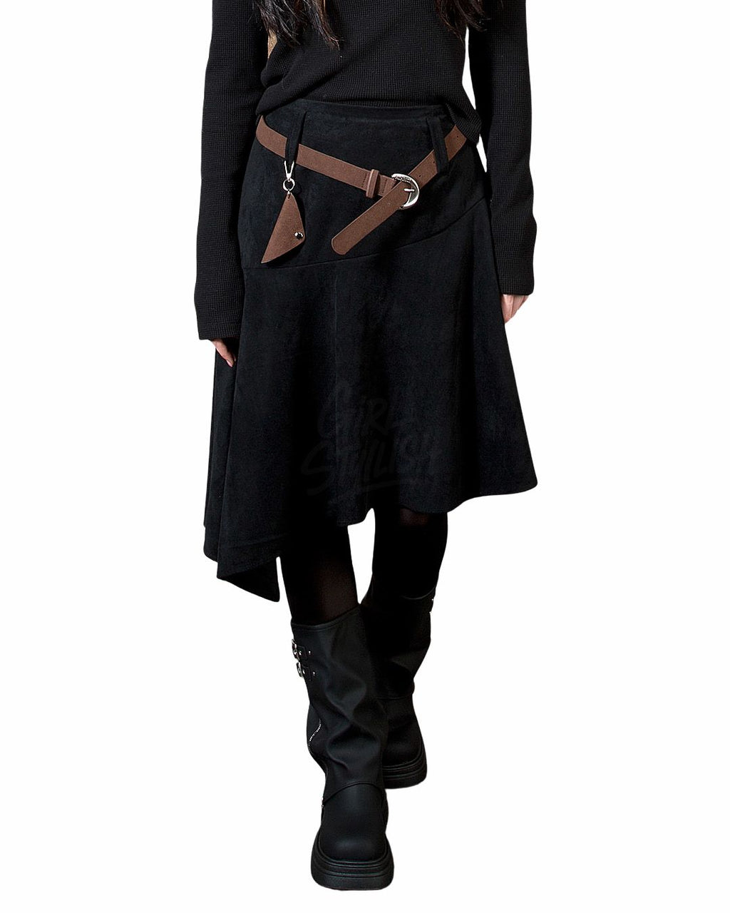 Asymmetric Suede Flared Belt Skirt Unbalanced A-line Skirt