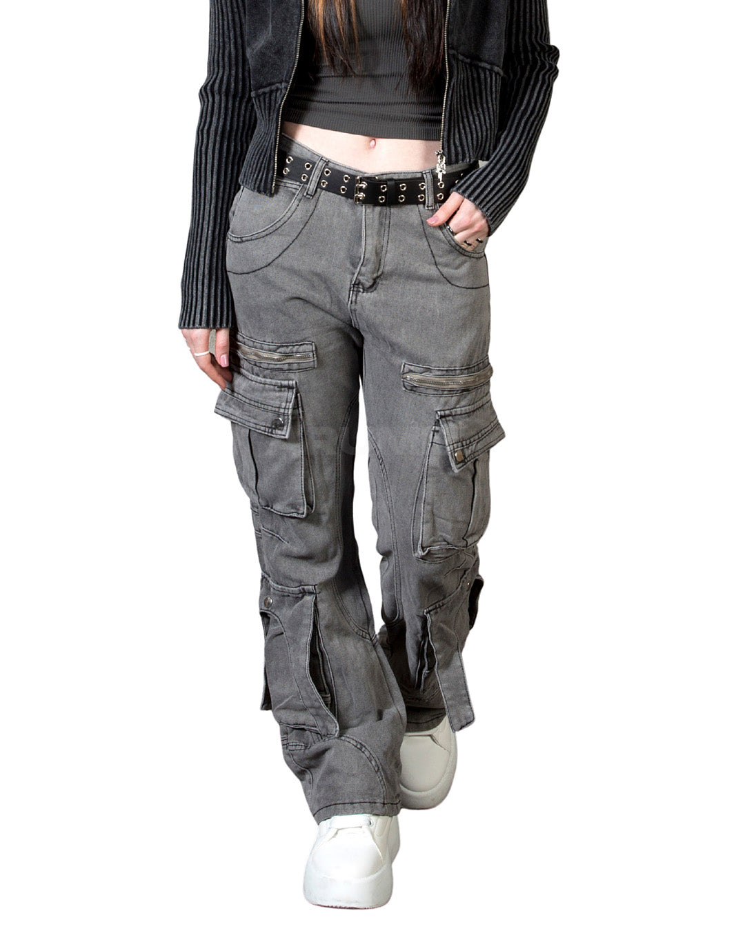 Vintage Washed Zipper Cargo Bootcut Pants