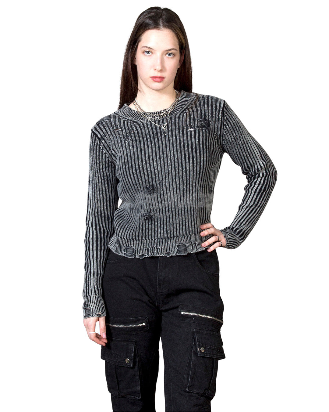 Distressed Ribbed Cropped Knit Sweater