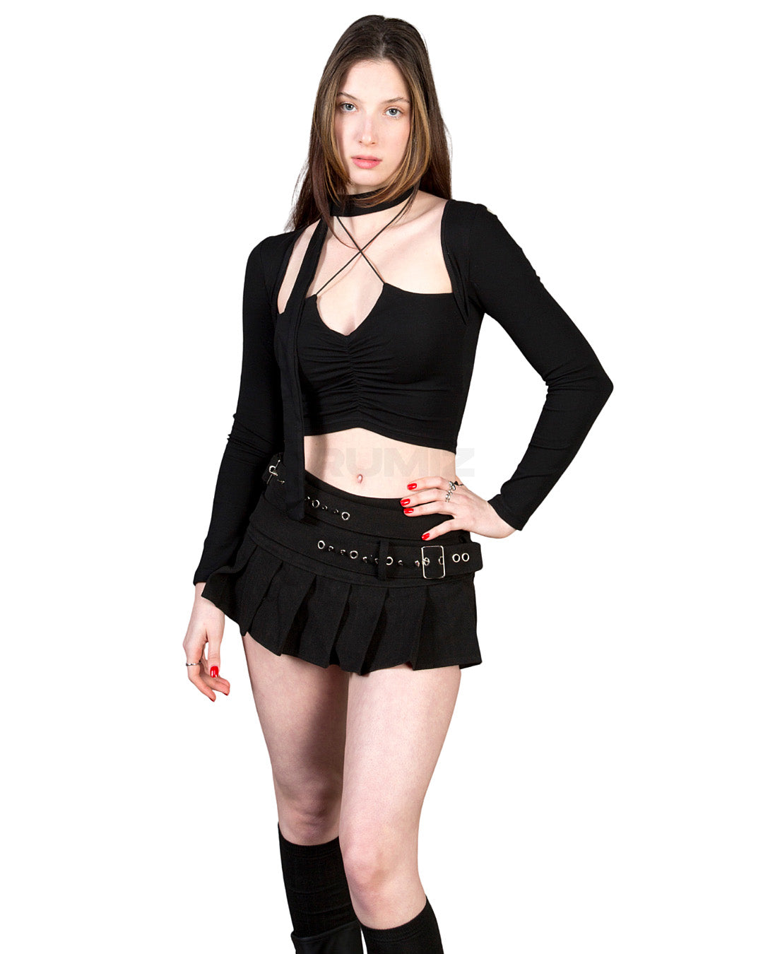 Choker Strap Shirred Cropped Long Sleeve Top