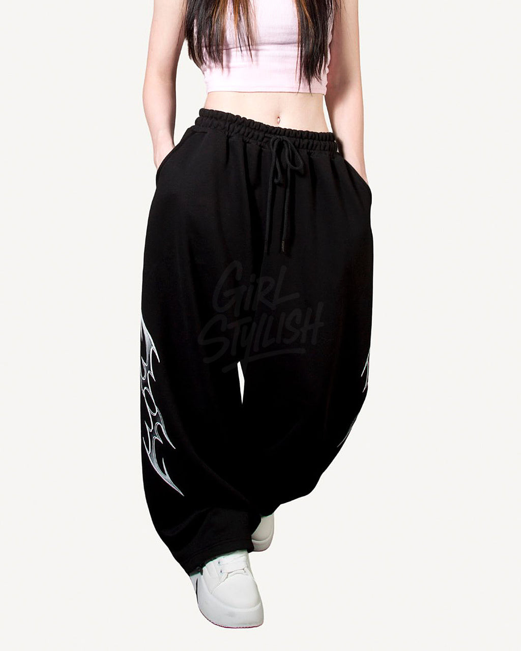 Black Tribal Print Drawstring Wide-Leg Pants