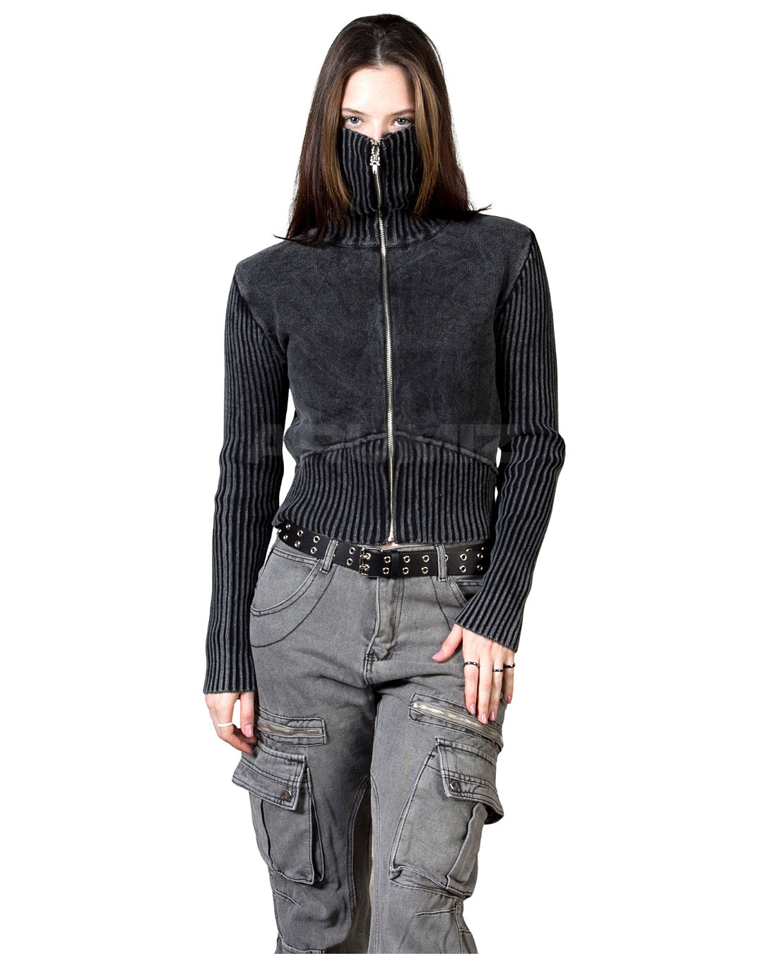 Vintage Washed Rib Knit High-Neck Cropped Zip-Up Jacket