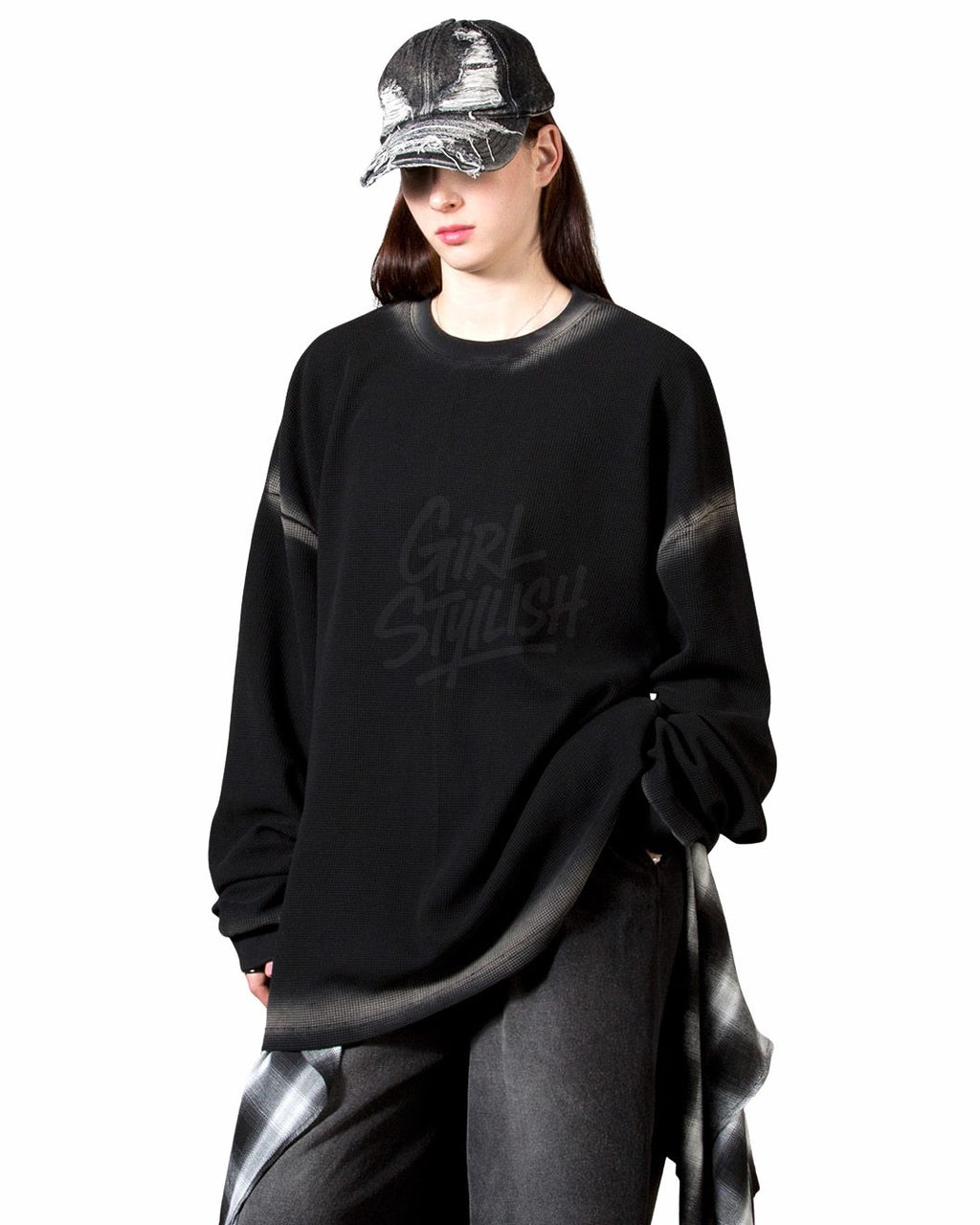 Gradient Line Waffle Black Long Sleeve T-shirt - Vintage Street Style