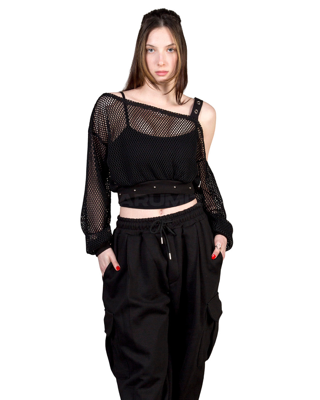 Eyelet Strap Mesh Sheer Off-Shoulder Cropped Top