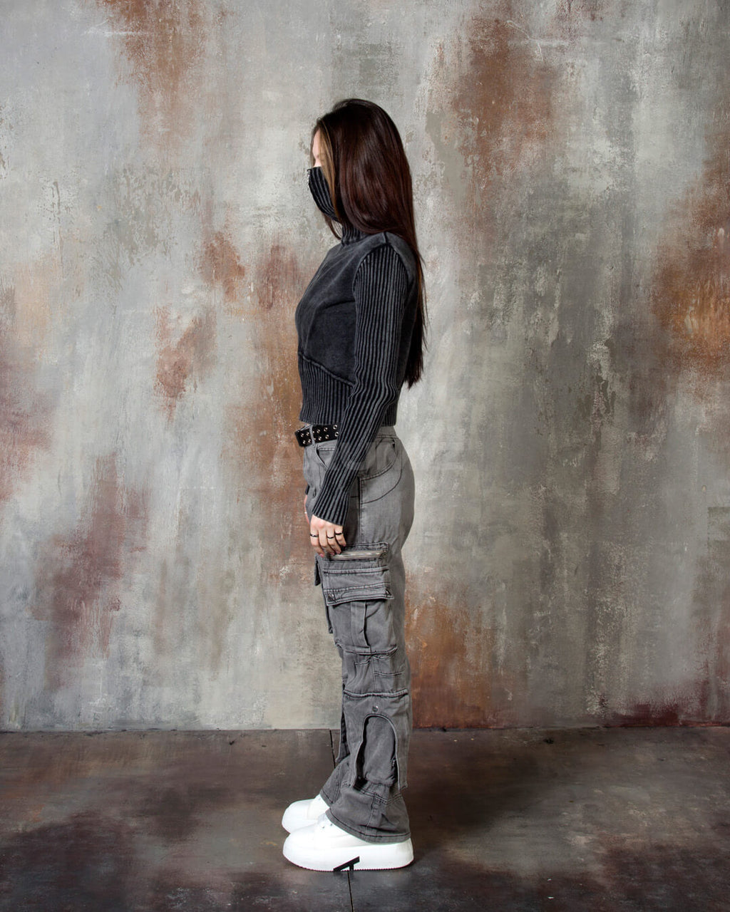 Vintage Washed Rib Knit High-Neck Cropped Zip-Up Jacket