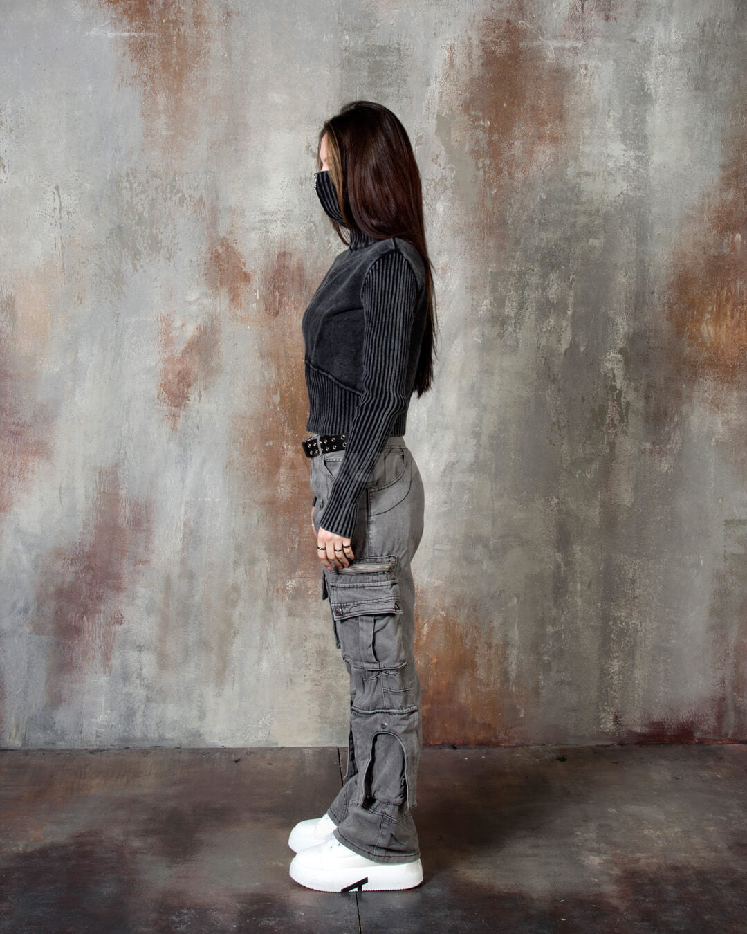 Vintage Washed Rib Knit High-Neck Cropped Zip-Up Jacket