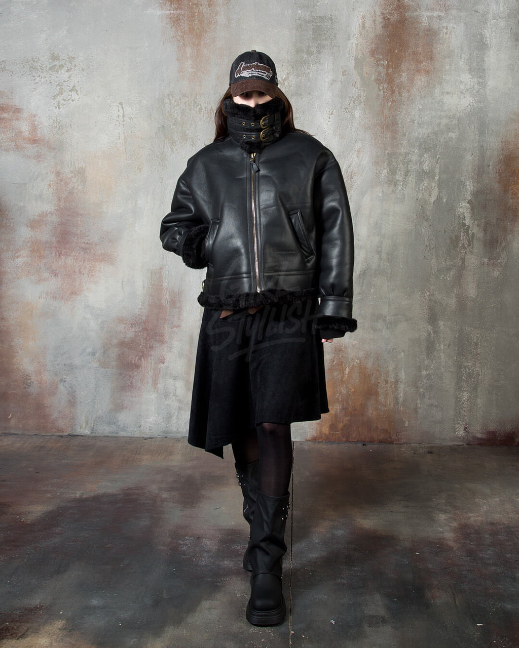 Black Oversized Shearling Leather Jacket