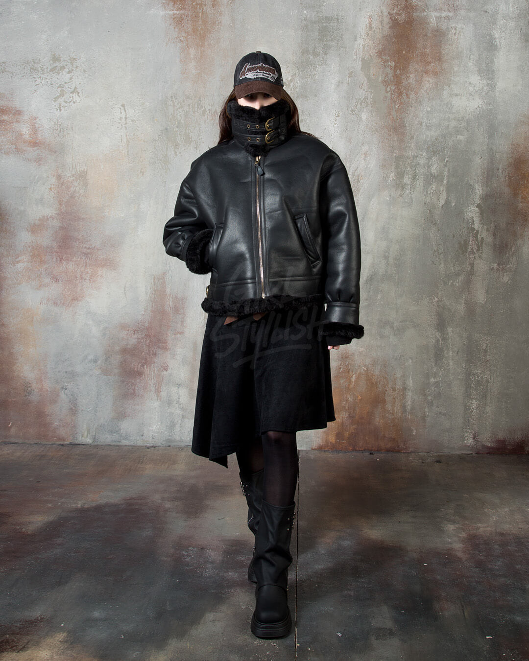 Black Oversized Shearling Leather Jacket