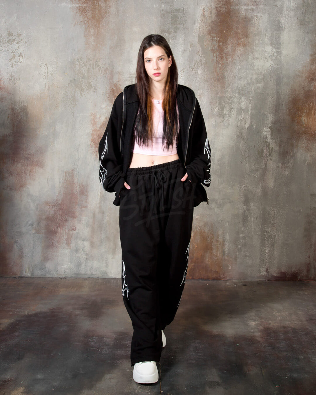 Tribal Print Oversized Black Zip-up Hoodie