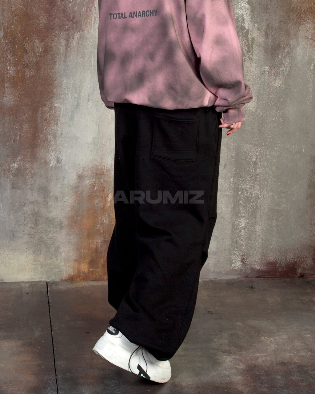 Contrast Drawstring Layered Sagging Wide-Leg Cotton Pants
