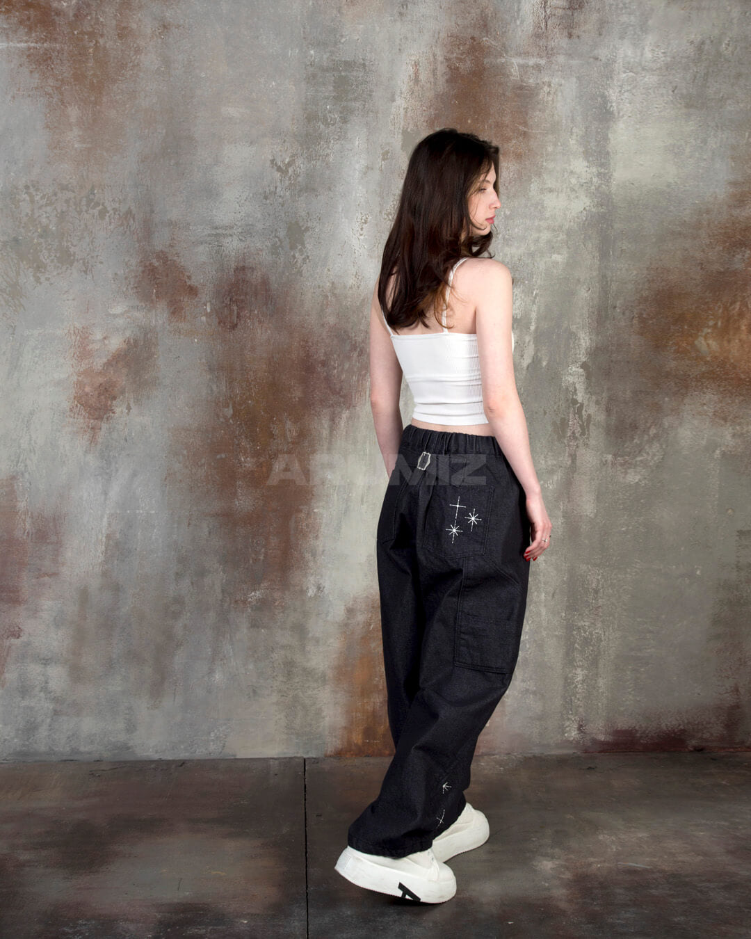 Star Embroidered Carpenter Wide-Leg Cotton Pants