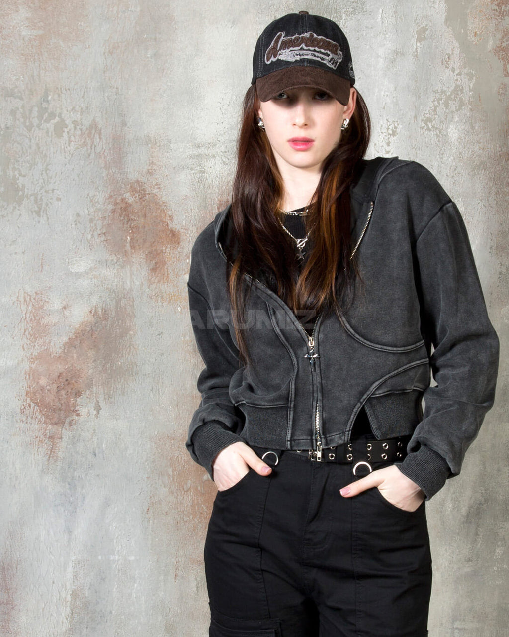 Vintage Washed Asymmetric Panel Crop Zip-Up Hoodie