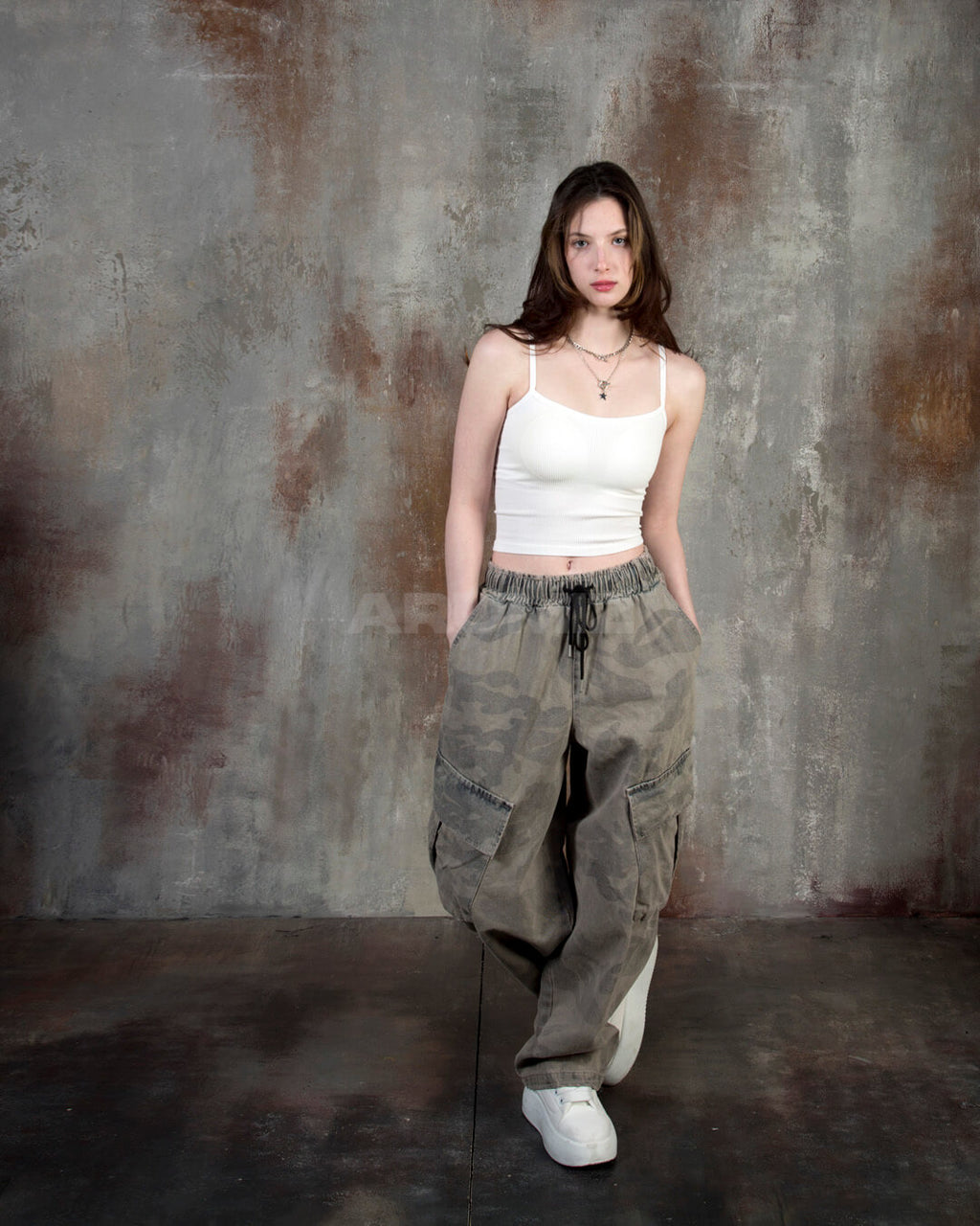 Vintage Camo Washed Wide-Leg Denim Cargo Pants