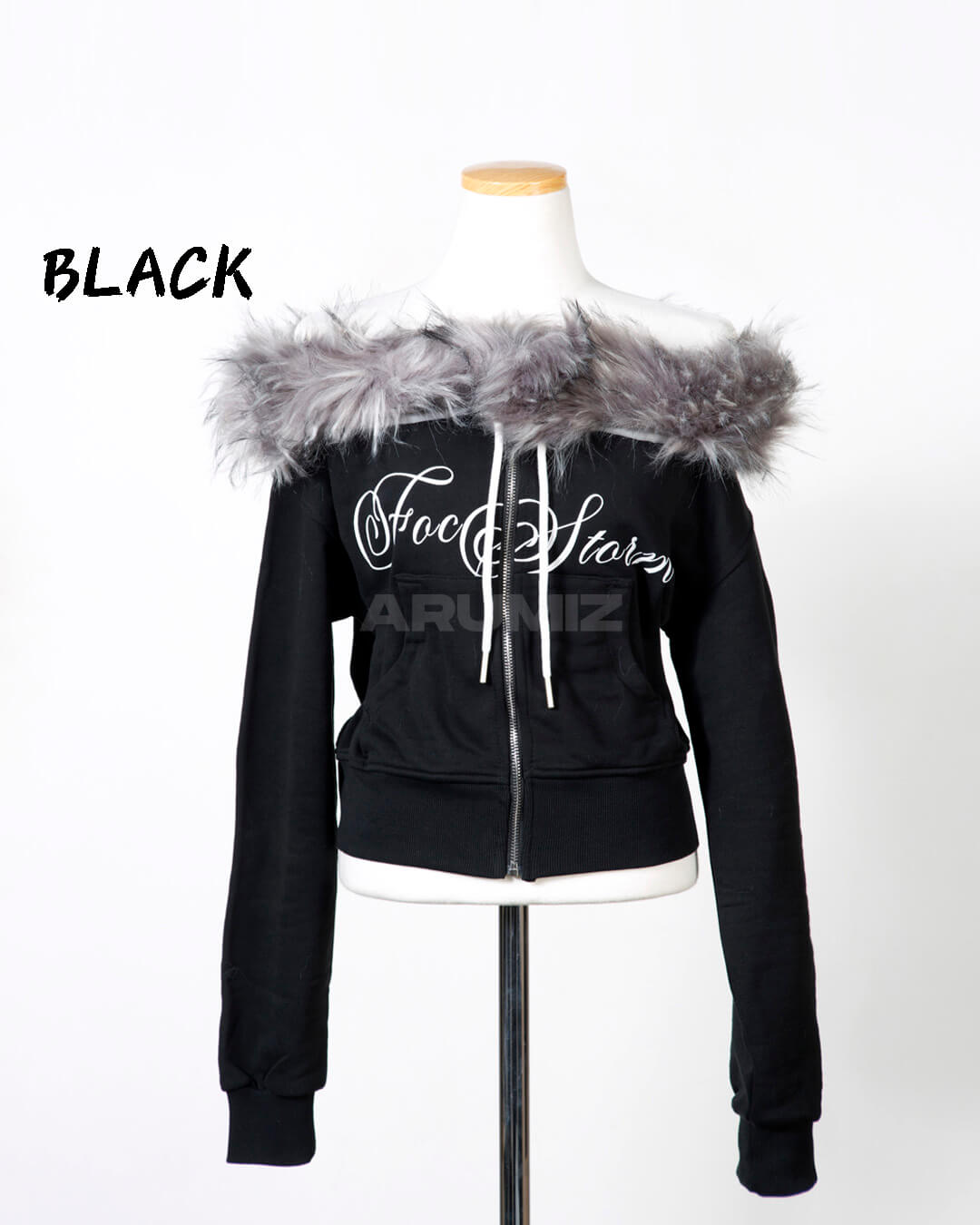 Fur Trim Off-Shoulder Cropped Zip-Up Hoodie