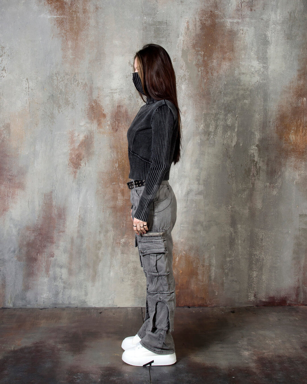 Vintage Washed Zipper Cargo Bootcut Pants