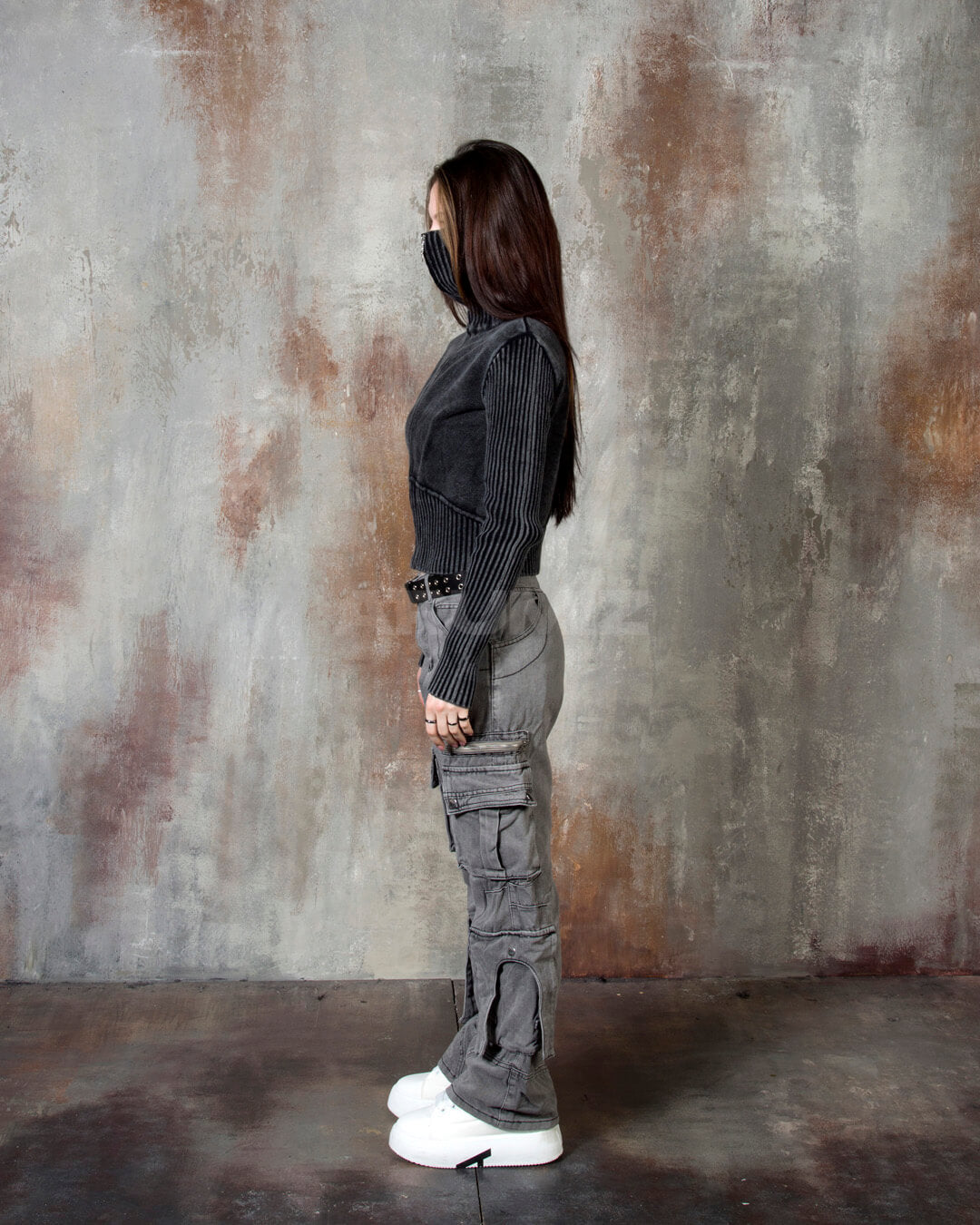 Vintage Washed Zipper Cargo Bootcut Pants
