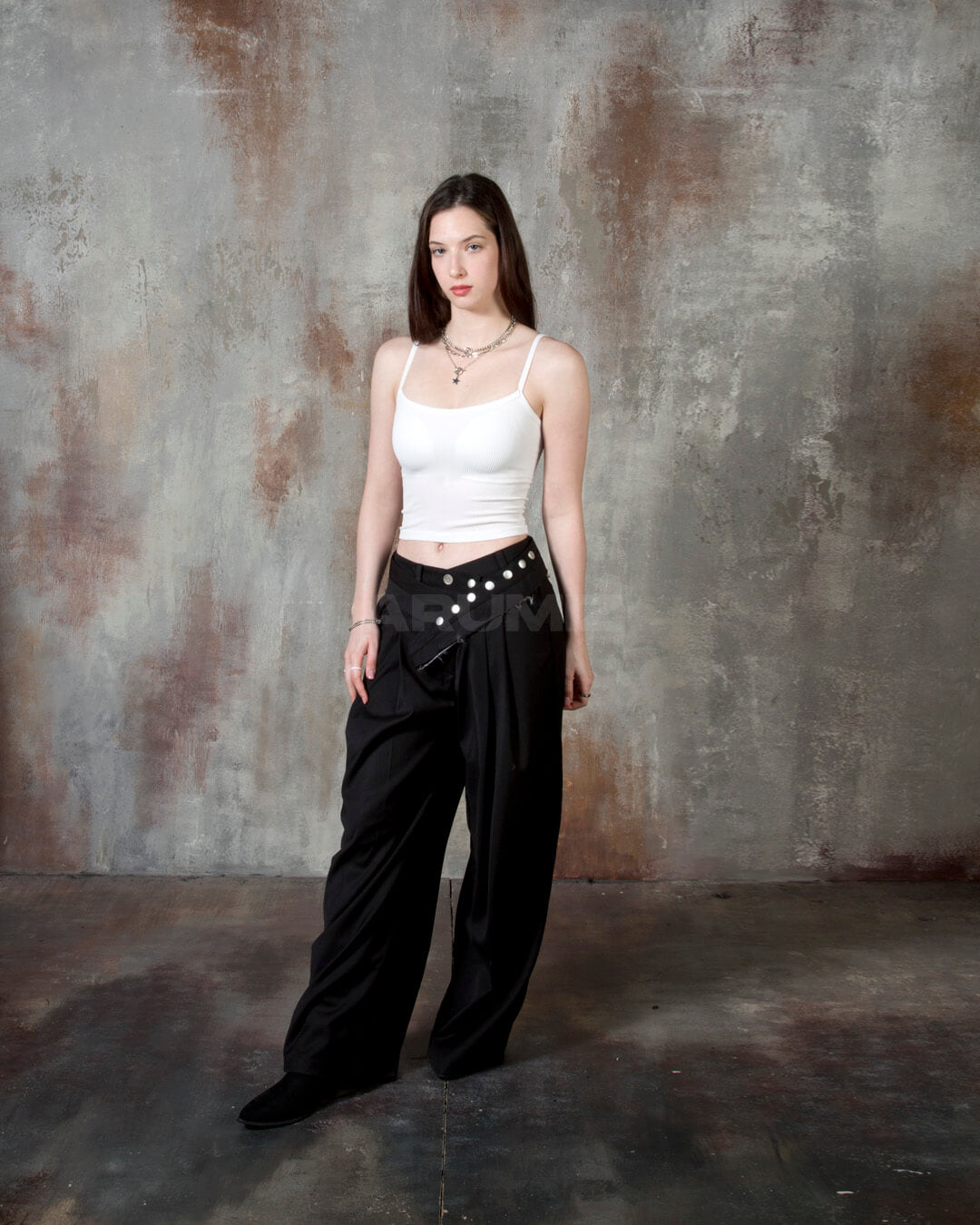 Stud Button Belt Pintuck Wide-Leg Slacks Pants