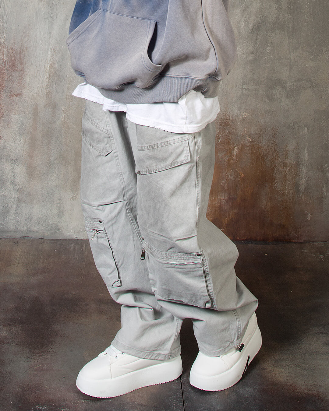 Vintage Washed Wide Cotton Zip Cargo Pants