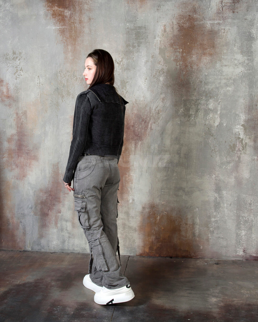 Vintage Washed Zipper Cargo Bootcut Pants