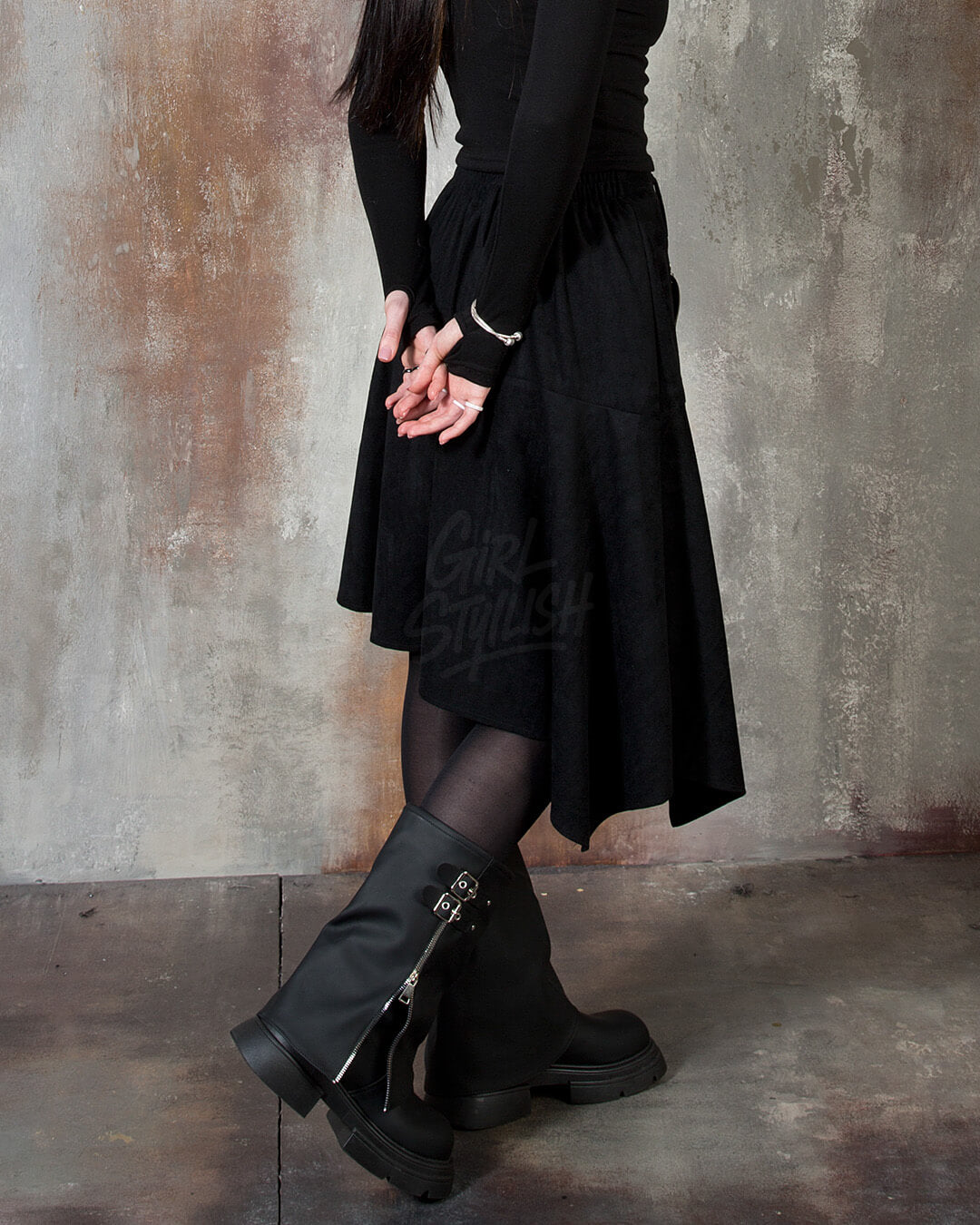 Asymmetric Suede Flared Belt Skirt