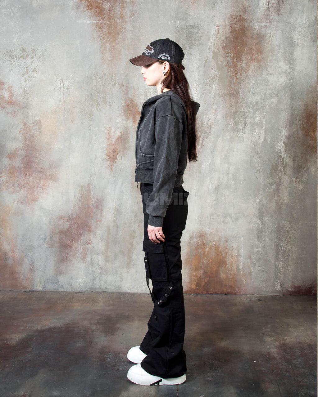Vintage Washed Asymmetric Panel Crop Zip-Up Hoodie