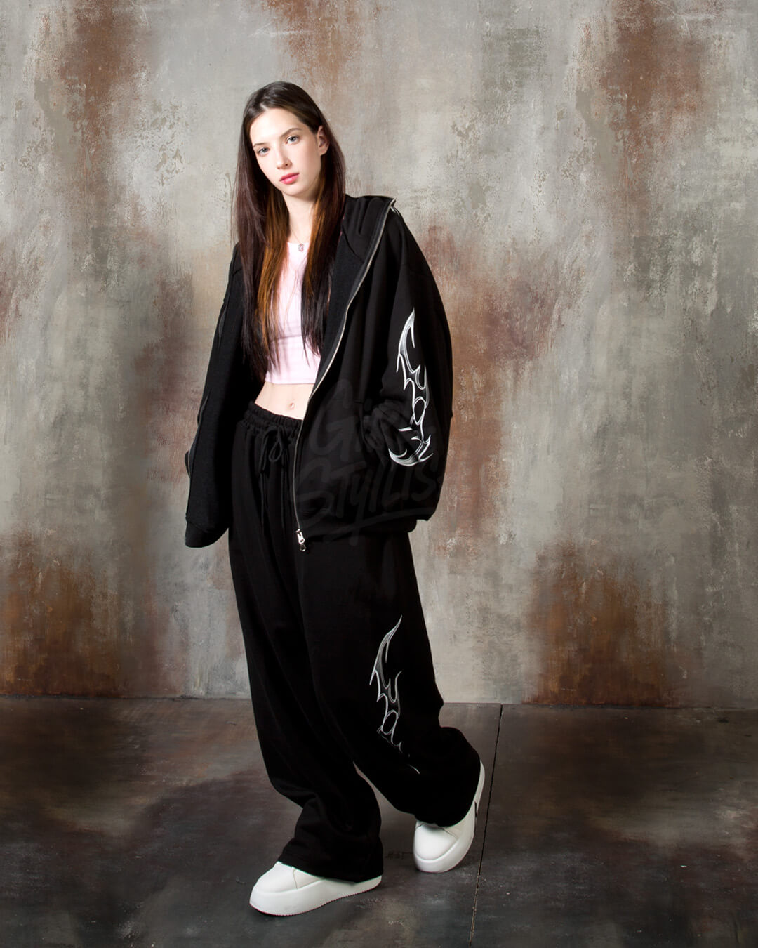 Tribal Print Oversized Black Zip-up Hoodie