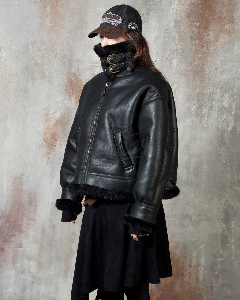 Black Oversized Shearling Leather Jacket