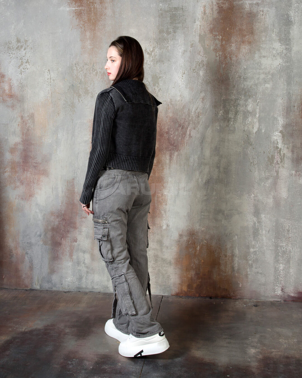 Vintage Washed Rib Knit High-Neck Cropped Zip-Up Jacket