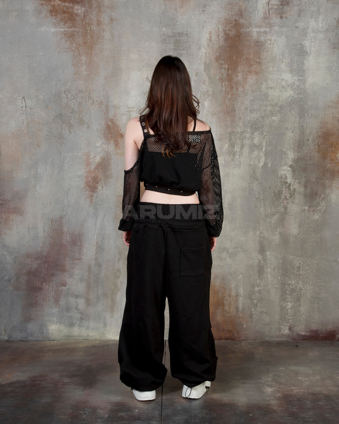 Contrast Drawstring Layered Sagging Wide-Leg Cotton Pants