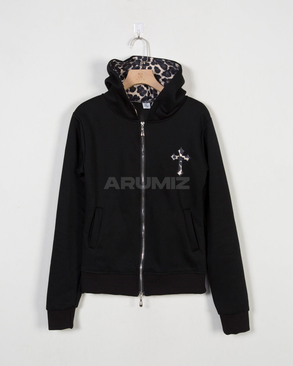 Leopard Lined Cross Patch Slim Zip-Up Hoodie