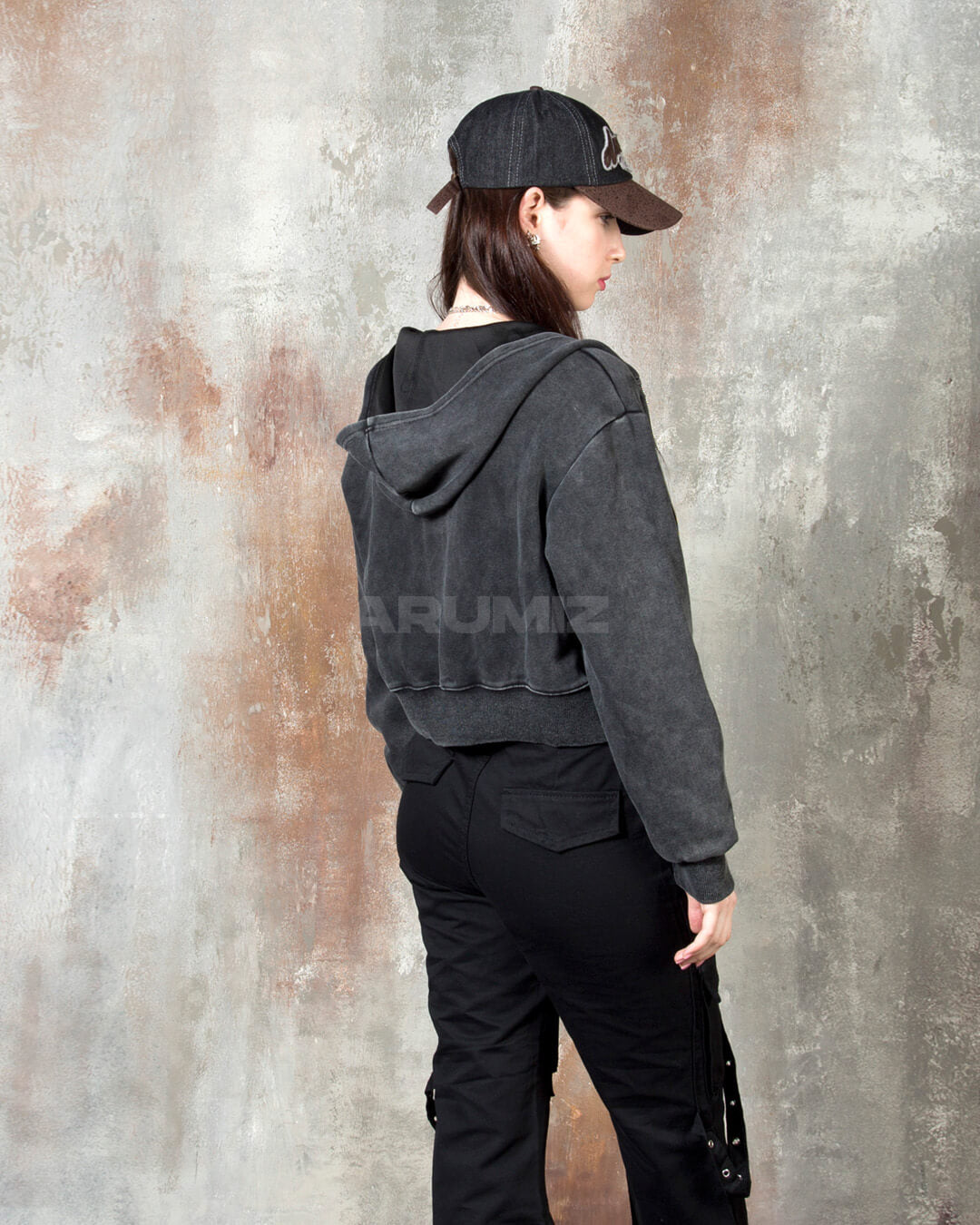 Vintage Washed Asymmetric Panel Crop Zip-Up Hoodie