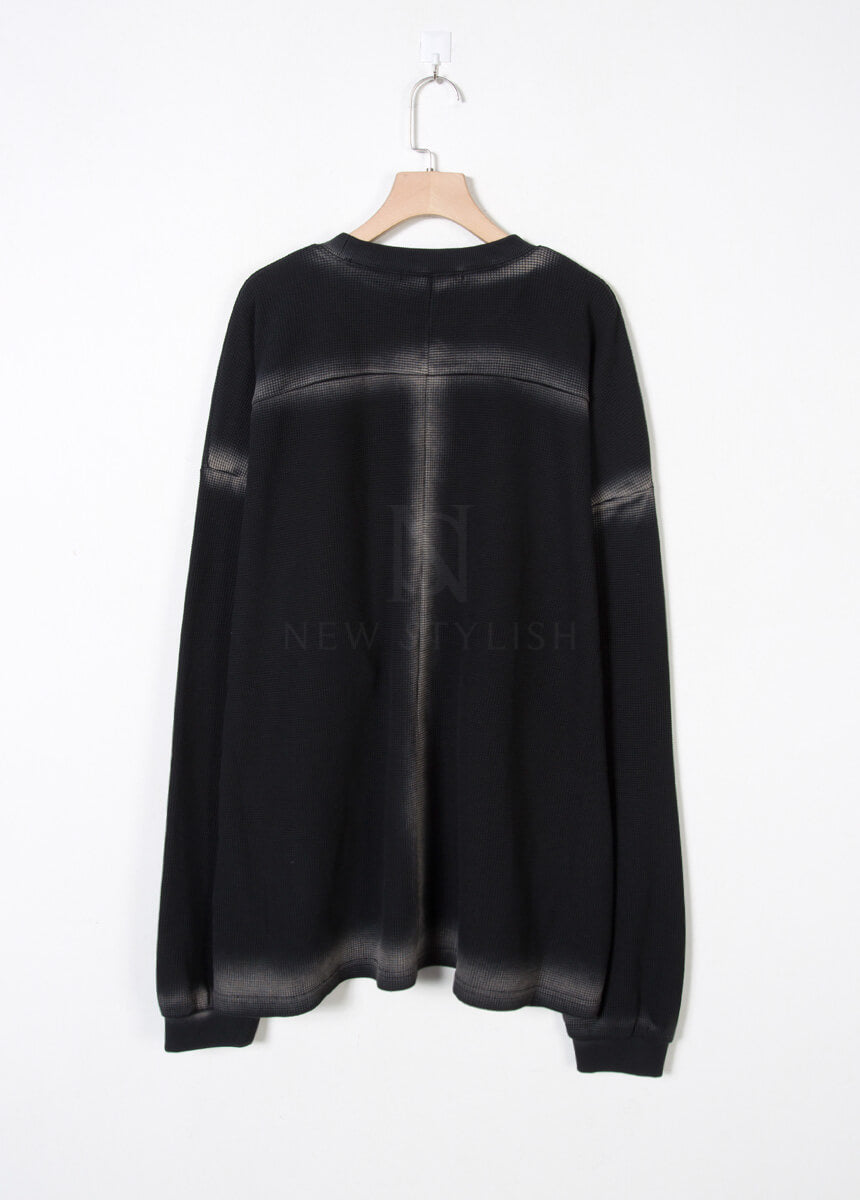 Gradient Line Waffle Black Long Sleeve T-shirt