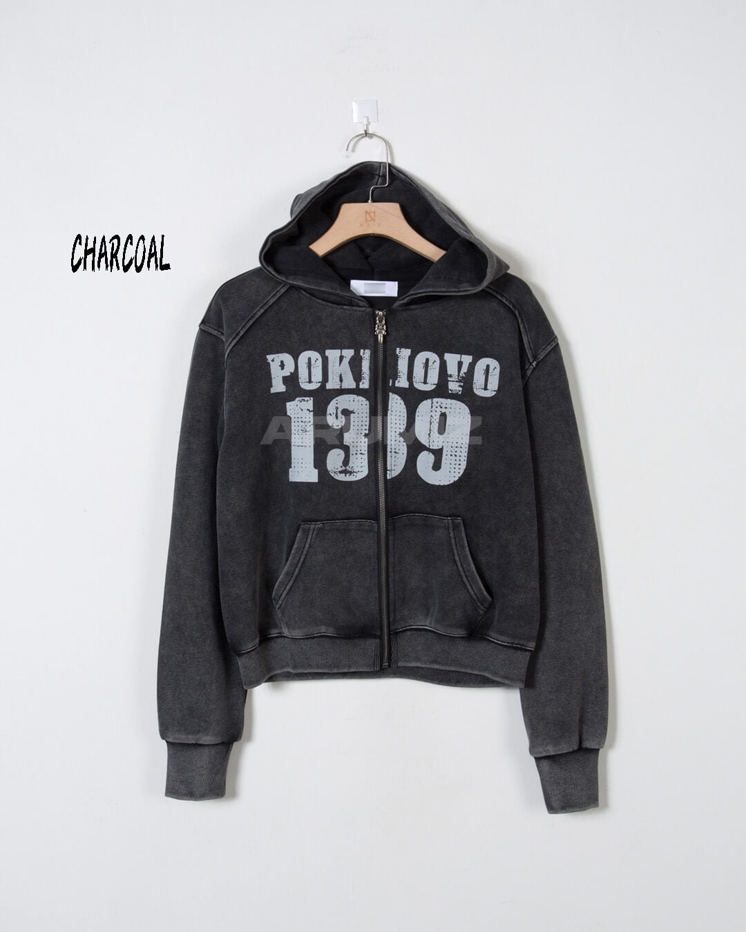 Vintage Pigment Wash Lettering Cropped Zip-Up Hoodie