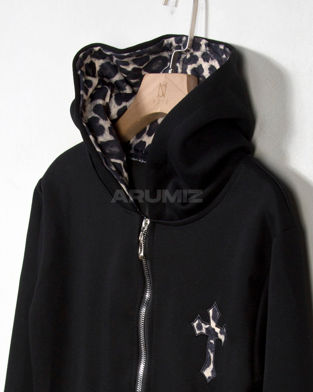 Leopard Lined Cross Patch Slim Zip-Up Hoodie