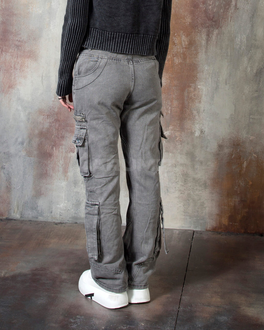 Vintage Washed Zipper Cargo Bootcut Pants