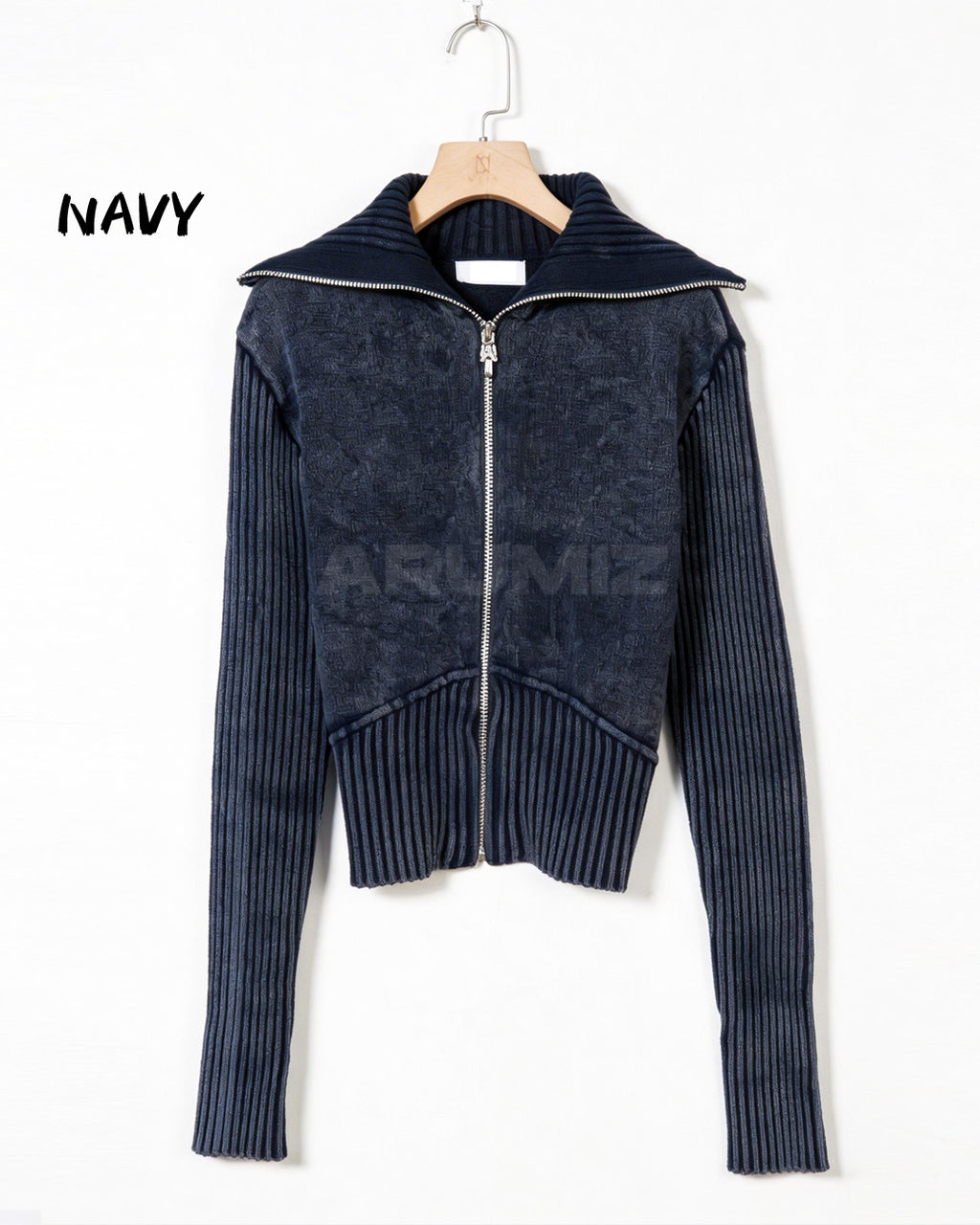 Vintage Washed Rib Knit High-Neck Cropped Zip-Up Jacket